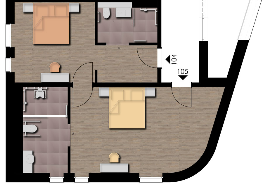 Raumplan Zimmer 104 und 105 sowie 204 und 205